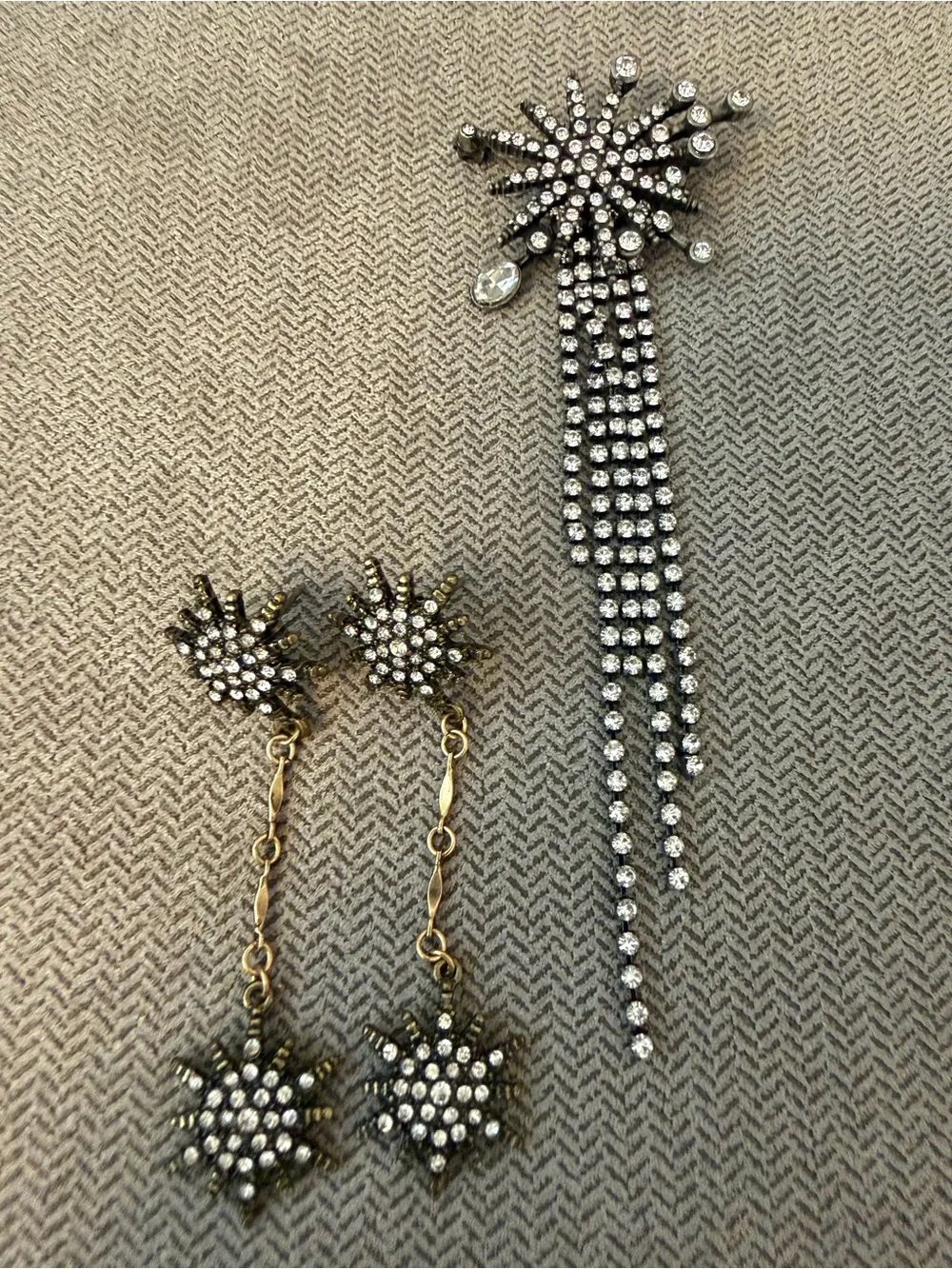 Crystal Starburst Drop Earrings and Long Tassel Brooch Set - Clear Crystal